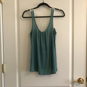 Bella D teal tank top with white floral lace back